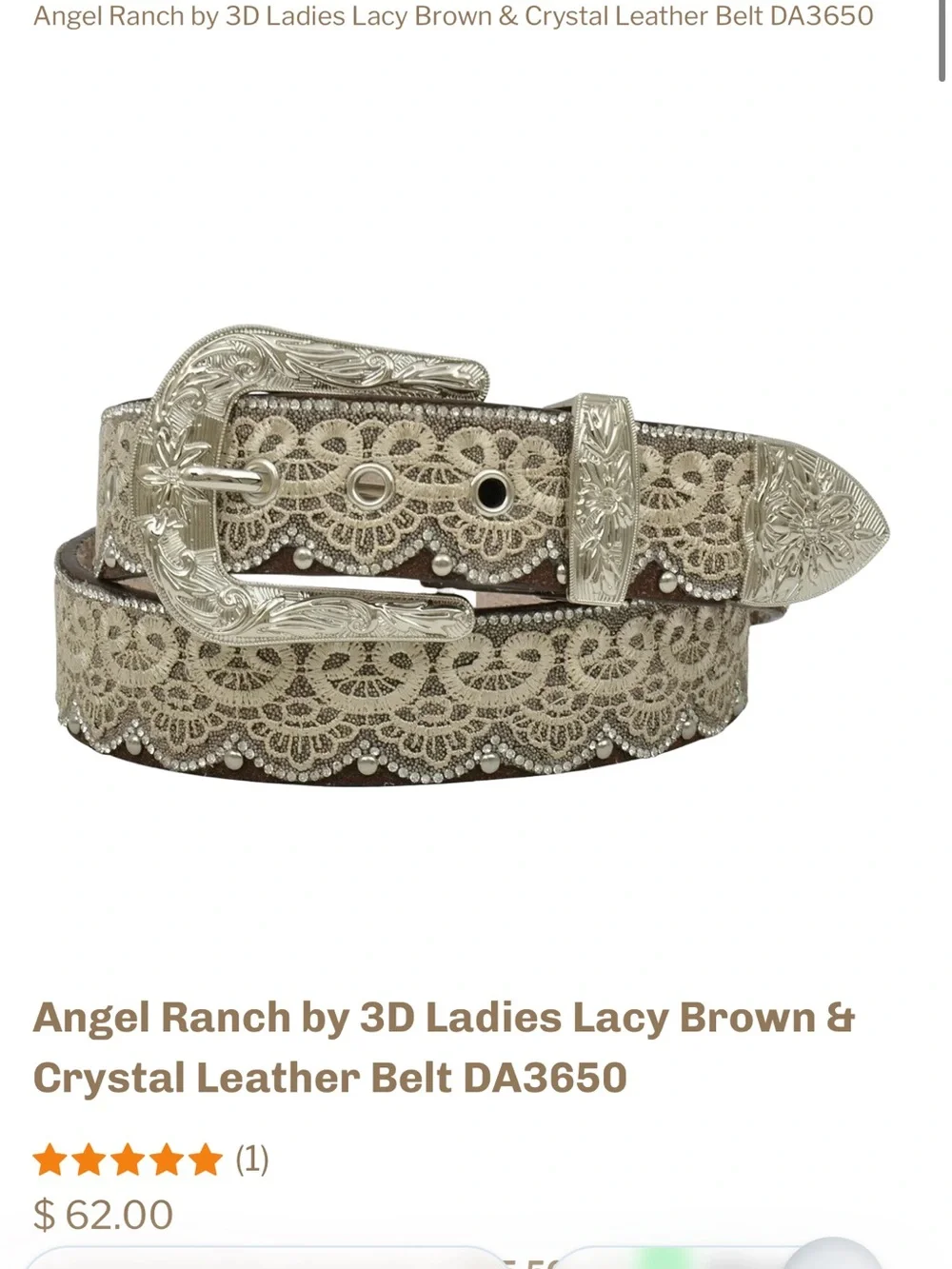 Angel Ranch Genuine Leather Western Lace Crystal Belt